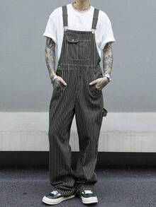 Men's Casual Striped Loose Fit Straight Leg Denim Bib Overalls, All Season