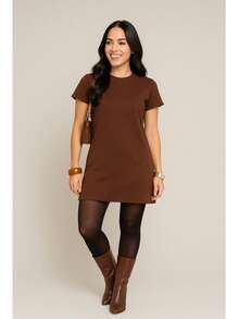 Muscletee T-Shirt Dress Knit Cotton Simple Casual Elegant Conservative Simple Casual Elegant Conservative / Modest Knit Fabric Asymmetrical Split Beach Evening Party Home Birthday Party Street Travel Autumn - 咖啡 - 查看 2