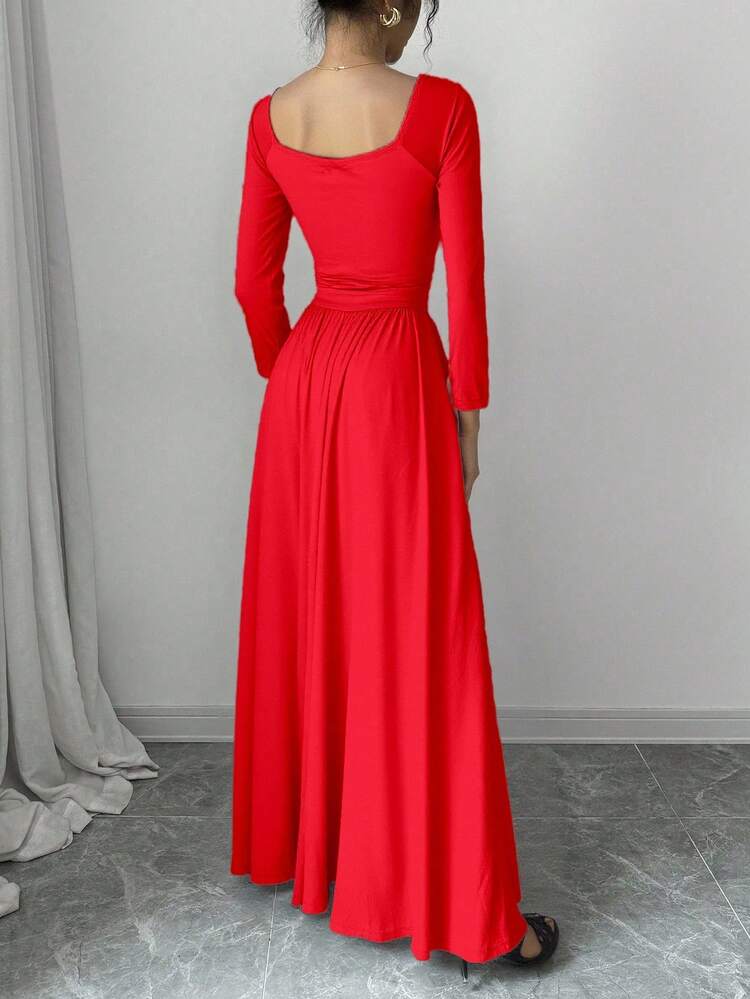 Vestido Sofisticado con Vuelo y Aberturas al frente manga larga escote v vestido formal elegante largo - Rojo - Añade 4
