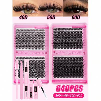 640 piezas/Set de pestañas postizas de alta capacidad, rizado D, 30D+40D+50D+60D, múltiples combinaciones, longitud de 10-16 mm, naturales y suaves. El set incluye pegamento para pestañas, herramientas aplicadoras y cepillo, adecuado para pestañas finas.
