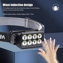 1pc High Power Fishing Light, 8 LED Beads, 500 Lumens, Rechargeable, Powerful Flashlight, High Brightness, Shockproof, Waterproof, ABS Material + Adjustable Elastic Strap, Adjustable Beam Angle, Sensor, Battery Level Display, Suitable For Camping, Fishing, Rescue, Hiking, Traveling, Great Gift For Husband, Dad, Men