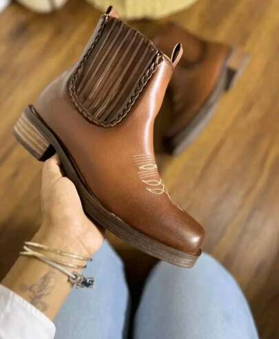 Botines vaqueros de mujer con resorte cowgirl con bordado liso botin de dama  botas de piso para mujer calzado vaquero botas estilo tejano botas western cowboy de tacón bajo suela antideslizante acojinadas botas para fiestas  festivales texanas desierto jaripeos casuales botines cortos botas womens boots shoes Willows  Minas del rey   Negocio  Cowboy    Bordado    Vacaciones