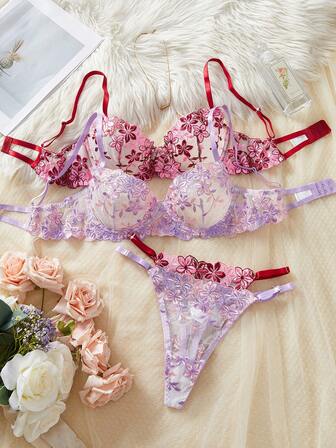 女士性感内衣套装，两件套，精美刺绣花卉图案透视文胸和丁字裤组合，卧室情侣套装，异国情调内衣