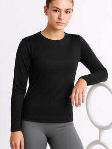 Women's Long Sleeve Crew Neck Workout T-Shirt, Loose Fit Quick Dry Gym Training Top For Running, Yoga, Fitness And Casual Wear - Black - View 3