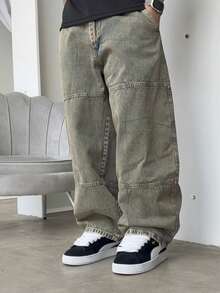 Calça Jeans Masculina Reta Solta Desgastada com Remendos, Calça Jeans Casual Vintage Lavada Estilo Rua Y2K, Todas as Estações - Marrom - Visão 3