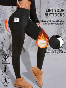 1 件秋冬保暖内衬瑜伽裤，高腰休闲瑜伽运动紧身裤，带侧袋 - 黑色 - 查看 4