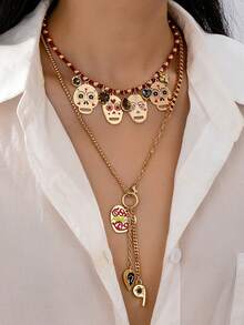 1 款水晶心形骷髅吊坠项链，女士多层链条项链套装，Y 型链项链带吊坠 - 彩色 - 查看 6