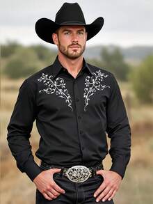 Wild & Stylish! Men's Versatile Black Shirt, Unlocks Western Cowboy Charm! Men's Printed Long Sleeve Shirt, & Chic, Blazes The Streets!, For Fall - Black - View 8