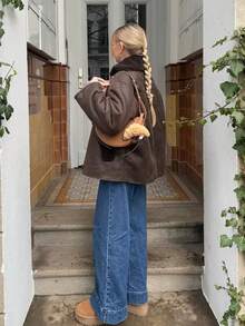 女式棕色仿皮草衬里冬季夹克 - 休闲街头风格宽松翻领带口袋长袖外套 - 咖啡棕 - 查看 4