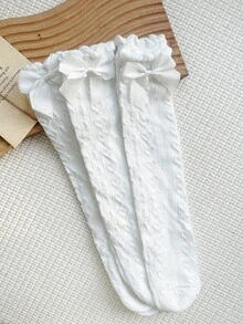 3 Pairs White Bow Heart Decor Over-The-Knee Socks, Suitable For All Ages, Multifunctional - White - View 8
