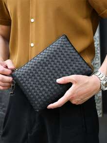 1 pieza Nuevo bolso de mano de hombre de unicolor negro y marrón tejido, de gran capacidad con cremallera, correa de muñeca, portadocumentos, bolsillo para teléfono, monedero, adecuado para negocios, ir al trabajo, viajes