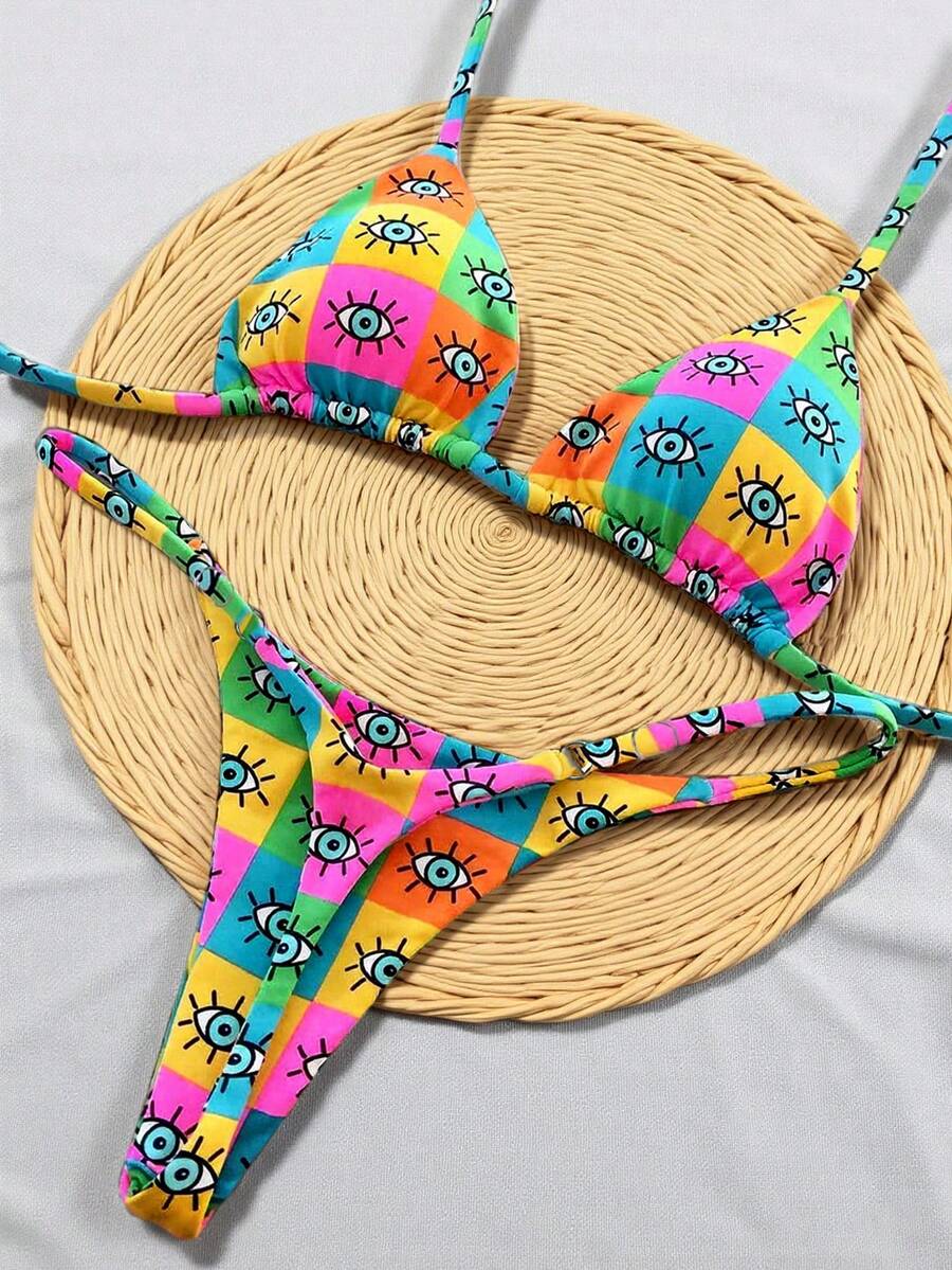 夏季两件套简约格纹印花露背系带可调节腰围女士性感比基尼泳装度假沙滩装 - 彩色 - 查看 1