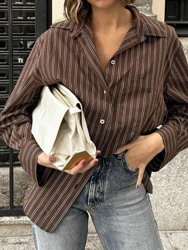 Look Polly Chemise à rayures boutonnée style décontracté, style punk Y2K, style argent ancien, style décontracté professionnel pour femmes. Chemise à rayures boutonnée pour femmes, chemise de Noël