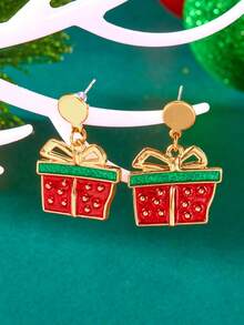 1 par de aretes navideños, caja de regalo navideña, aretes para uso diario y fiestas navideñas para mujeres (empaque en bolsa OPP)