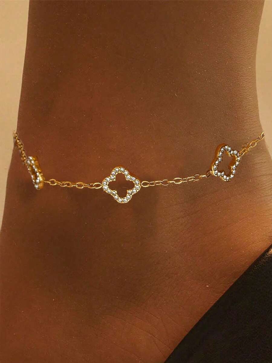 1pc Women's Fashionable High-Quality Double-Layer English Heart Anklet, Waterproof Stainless Steel, No Fading, Suitable For Daily Wear, Parties, Gatherings, Beach - Style 9 - View 1