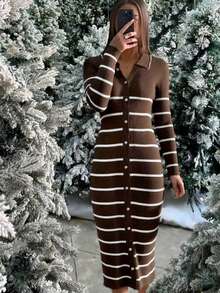 Cárdigan largo para mujer, de tela de punto a rayas, con botones delanteros, rayas acanaladas, para uso casual en vacaciones, citas por la noche, viajes, aeropuerto, otoño/invierno