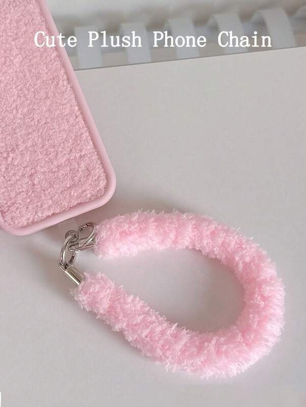 Korean Style Cute Plush Double Button Short Lanyard Phone Strap, Pink, Essential For Autumn/Winter, Anti-Lost Phone Accessory