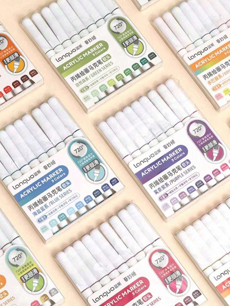 Juego de 9 colores de rotuladores acrílicos Languo, punta suave de gran capacidad, tonos de piel minimalistas tipo macarrón, gris, marrón, coloridos, bolígrafos de color negro, lápices de colores para dibujar personajes de dibujos animados para estudiantes, pinceles de arte DIY para grafiti y pintura, aptos para piedra, vidrio, cerámica, metal y otros materiales, disponibles en 45/126/171 colores