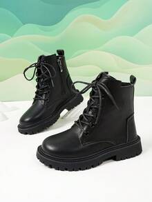 Unisex Kids' Boots, Round Toe, Black, Front Lace-Up, Side Zipper, Autumn/Winter New Style, Suitable For Primary And Middle School Students, Stage Performance, Vacation, Casual, Party - Black - View 2