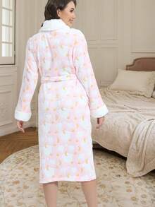 1pc Home Wear Women's Plush Collar Star And Moon Print Mid-Length Robe With Belted Waistrobe Nightgown Loungewear