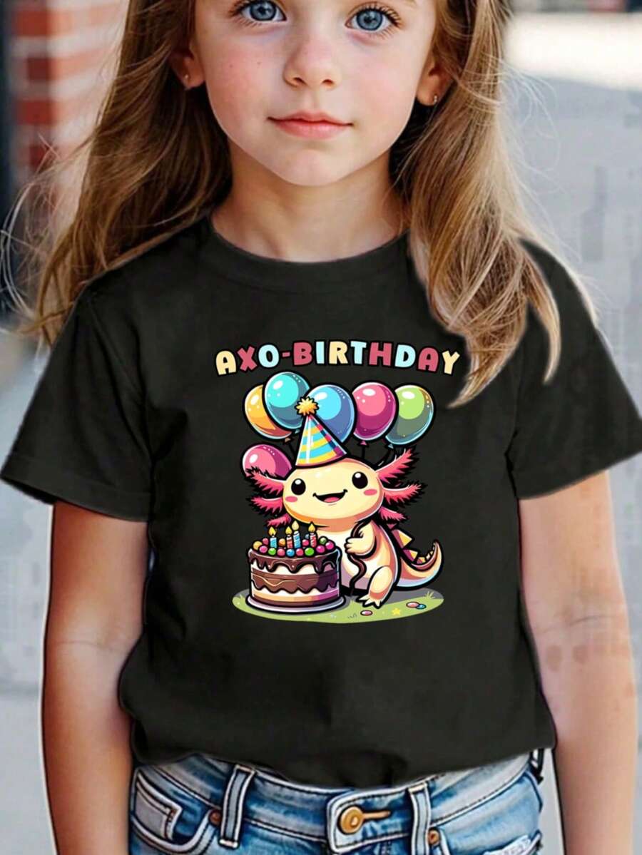 Adorable Axolotl Birthday Party T-Shirt For Girls - Cute Cartoon Print With Balloons, Cake & Party Hat, Soft Knit Fabric, Round Neck, Regular Fit, Perfect For SpringSummerFall Celebrations, Birthday Party Apparel  Playful Graphic Tee  Cotton Knit - 黑色 - 查看 1