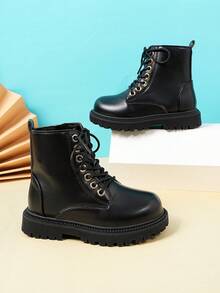 1 đôi bốt cổ ngắn cho bé gái, màu trơn, chất liệu PU mềm mại và thoải mái, buộc dây bằng nút vàng, khóa kéo bên hông, mũi tròn, đế dày ấm áp, kiểu bốt da công chúa thời trang và dễ thương cao đến giữa bắp chân, thích hợp cho đi học, hoạt động ngoài trời vào mùa thu/đông. (Giày có kích thước nhỏ hơn so với bình thường, nên đặt mua lớn hơn một size) - màu đen - Xem 6