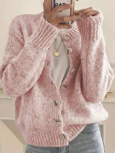 Women's Elegant Fashion Round Neck Long Sleeve Cardigan Sweater, Solid Color Polyester, Button-Up Cardigan Sweater For Daily Wear, Soft And Comfortable Autumn/Winter Fabric