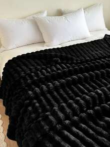 1pc Luxurious Dual-Sided Faux Rabbit Fur Throw Blanket - Cozy Striped Flannel, Soft & Warm For Naps, Office, Camping, Sofa - Versatile Polyester Bed Cover, Perfect Christmas Gift,Moderate Thickness, Suitable For All Seasons