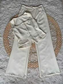 Formal Set Pantaloons Pants High Waist Pockets Tailoring Vest Buttons Simple Elegant Casual Pocket Zipper - Cream - View 1