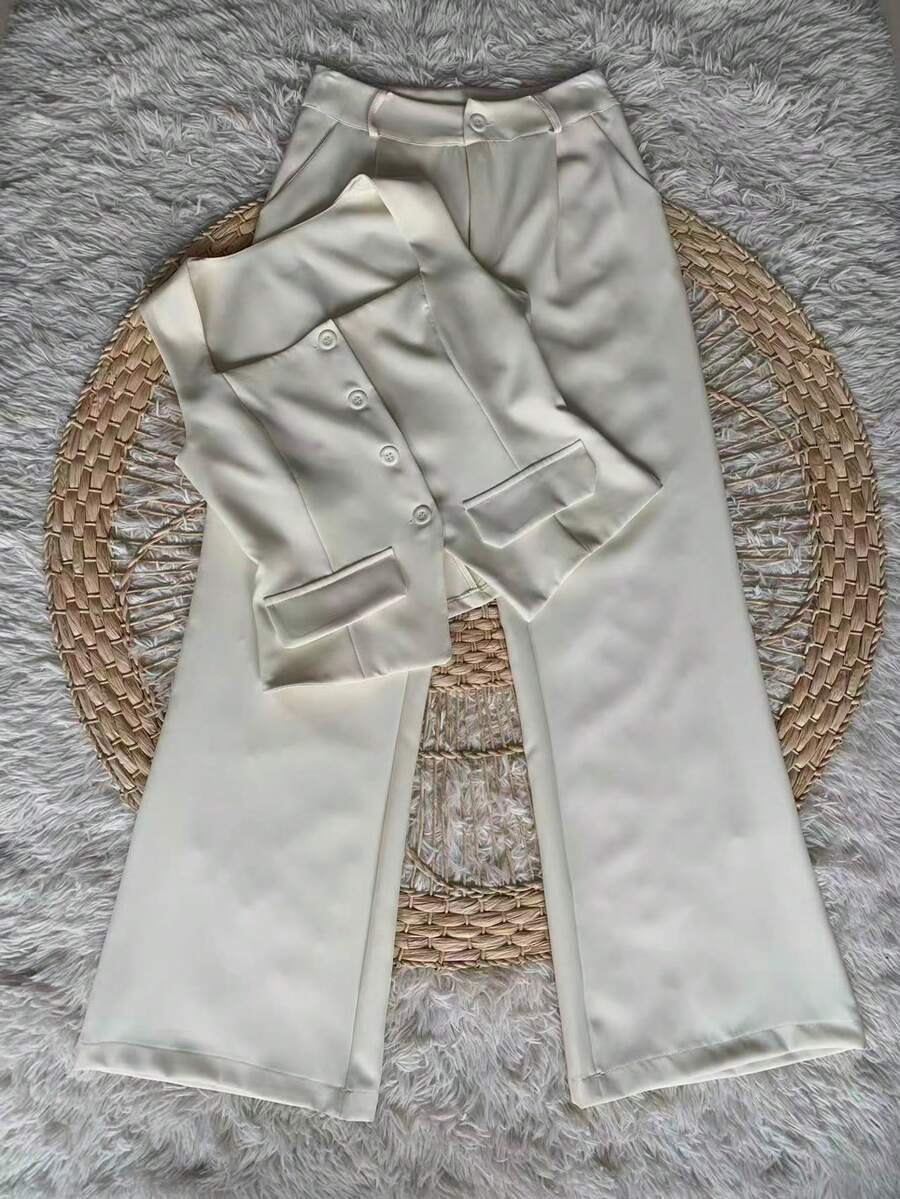 Formal Set Pantaloons Pants High Waist Pockets Tailoring Vest Buttons Simple Elegant Casual Pocket Zipper - Cream - View 1