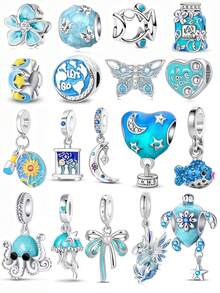 1pc Silver Color Blue Ocean Series, Flower, Butterfly, Heart, Bowknot, Earth, Moon, Stars, Moon Oil Painting, Hot Air Balloon, Small Fish, Octopus, Turtle, Jellyfish, Dragon-Shaped Pendant Charm Fit Original Bracelet Necklace Pendant Beads For Diy Jewelry Making Perfect For Women Girl Daily Wear Accessories - Blue - View 1