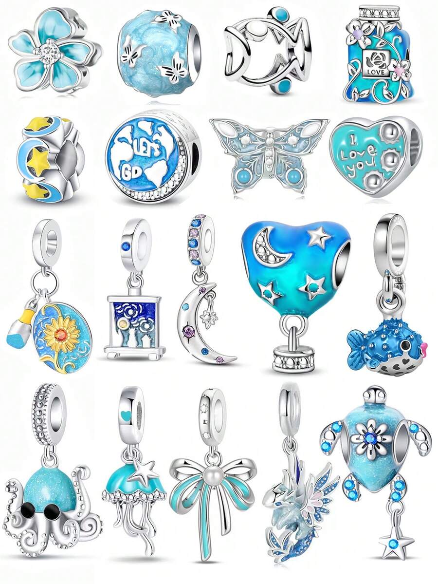 1pc Silver Color Blue Ocean Series, Flower, Butterfly, Heart, Bowknot, Earth, Moon, Stars, Moon Oil Painting, Hot Air Balloon, Small Fish, Octopus, Turtle, Jellyfish, Dragon-Shaped Pendant Charm Fit Original Bracelet Necklace Pendant Beads For Diy Jewelry Making Perfect For Women Girl Daily Wear Accessories - Blue - View 1