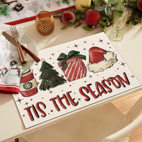 Juego de 4 piezas/6 piezas, Individuales navideños "Es la temporada" con diseño de árbol de café, decoración de mesa de comedor navideña y de invierno para el hogar, la cocina, el restaurante y fiestas, 30*45cm