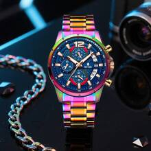 Relógio masculino de quartzo empresarial RUIGE com pulseira de aço inoxidável, visor de calendário e recursos multifuncionais, ideal como relógio de presente masculino