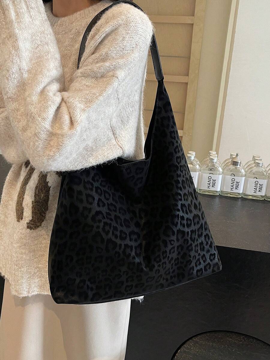 2 件女士豹纹单肩托特包，高品质，大容量，时尚通勤包，秋冬