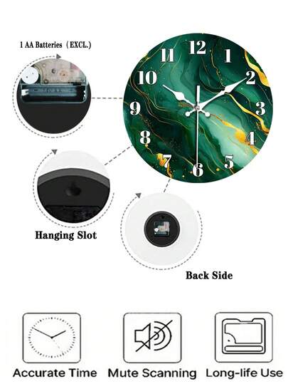 Emerald Groen Marble Texture Wooden Wand Clock, Abstract Art Silent Living Room, Bedroom, Kitchen, Office ation, Moderne Home Ideal Birthday 10 12 Inches Optional view 6