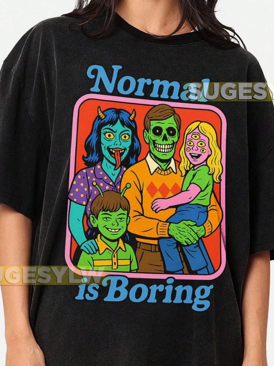 Normal Is Boring Graphic Tee Shirt, Funny Saying Unisex Softstyle T-Shirt, Cool Quote Tees, Hipster - 黑色 - 查看 1