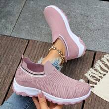 New Solid Pink Women's Sneakers, Knit, Breathable, Suitable For School, Work, Running, Lightweight, Fitness, Hiking, Party, Dining, Shopping, Dating, Fashion Casual Flat Shoes - Pink - View 9