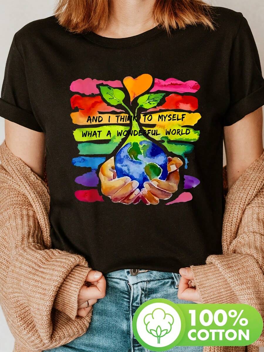 Women'S Colorful Earth Day T-Shirt - "What A Wonderful World" Print, Short Sleeve Crew Neck Casual Top For Spring & Summer, Top With Artistic Globe Design, Ladies T Shirt - 黑色 - 查看 1