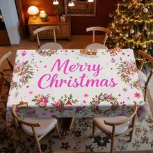 1pc Pink Christmas Theme Rectangular & Round Tablecloth, Santa Claus & Snowman Pattern Tablecloth With Red Berries, Green Pine Branches, Pink Flowers, Christmas Decor, Suitable For Indoor & Outdoor Use - Easy To Clean Holiday Dining Tablecloth, Multiple Size Options Available