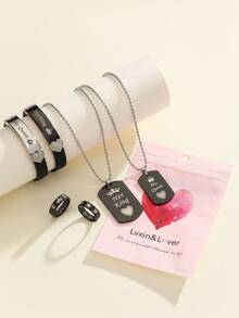 ATLVXJL 6pcs/Set Couple Friendship & Love Glow-In-The-Dark Heart, Crown, Her King & His Queen Pendant Necklace, Silicone Bracelet, Ring Jewelry Set, Casual Accessories Suitable For Daily Wear And Holiday Gift