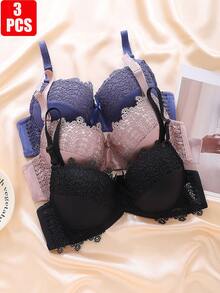 3pcs Lace Patchwork Solid Color Sexy Women's Bras, Gather Bust BC Cup, French Elegant Ladies Underwear With Underwire - Multicolor - View 1