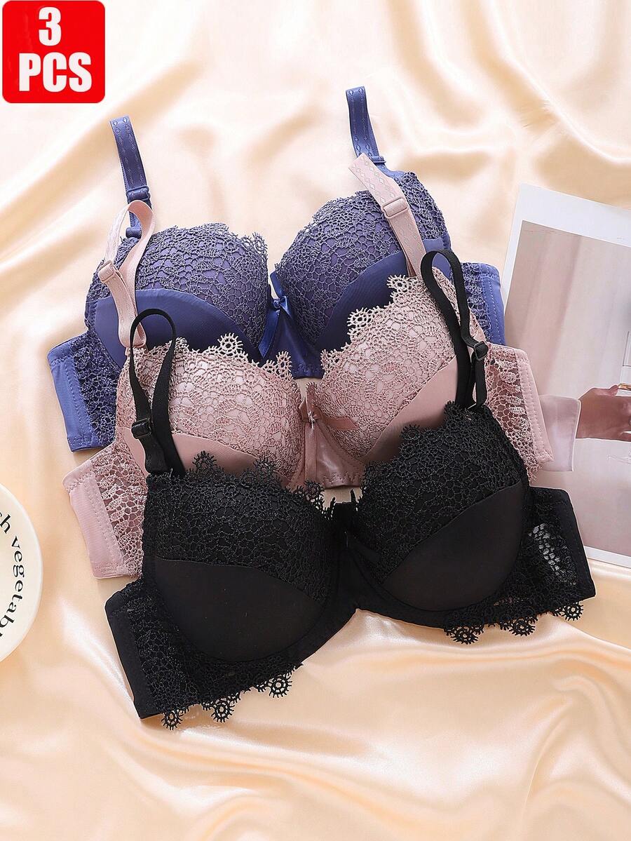 3pcs Lace Patchwork Solid Color Sexy Women's Bras, Gather Bust BC Cup, French Elegant Ladies Underwear With Underwire - Multicolor - View 1