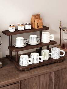 胡桃木色桌面阶梯式搁板——时尚多层展示架，适合摆放马克杯、香水、口红和化妆品。配有香水展示架、杯托和加固加厚梯形结构。适用于厨房、客厅、浴室、卧室和家居装饰。 - 胡桃色 - 查看 3