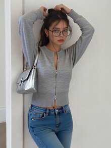 1 pieza Cárdigan de punto de unicolor con cremallera de doble vía, adecuado para vacaciones, uso diario, viajes, fiestas de cumpleaños, citas nocturnas, otoño/invierno