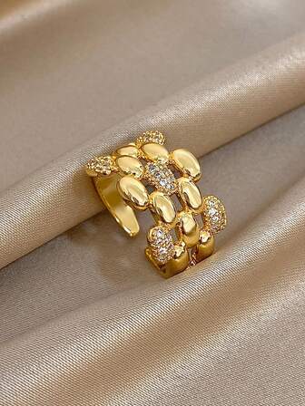 1 st 18K guldpläterad blekningsbeständig asymmetrisk blocköppnande zirkoniaring för kvinnor, moderiktiga smycken Halloweenpresent till årsdag alla hjärtans dag, mammapresent, jul, tacksägelse, dagliga festpresenter till flickvän och fru