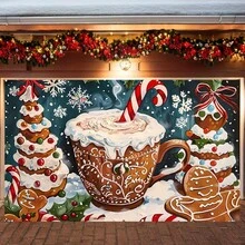 A Christmas Milk Tea Cake Gingerbread Man Pattern Garage Door Curtain Decorative Background Banner Background Cloth, Used For Party Background, Holiday Celebration, Photography Background Sign Poster Decoration Supplies, A Variety Of Sizes Can Be Selected