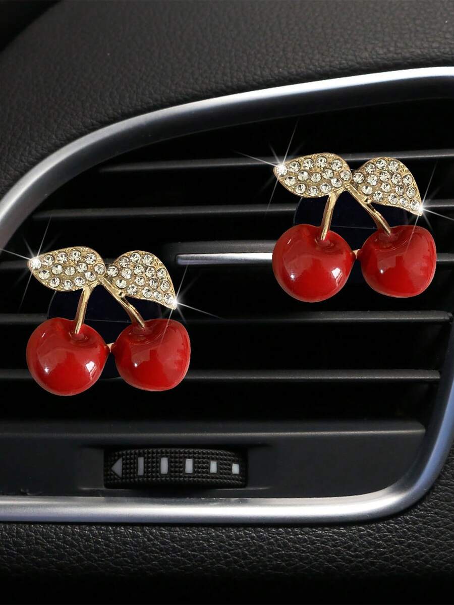 1 pièce Clip de décoration de sortie d'air de voiture avec cerise rouge incrusté de diamants, décoration de port de climatisation de voiture - Multicolore - Voir 1