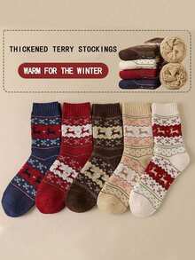 5 双装驯鹿印花厚款温暖舒适圣诞中筒袜，适合秋冬穿着 - 彩色 - 查看 10