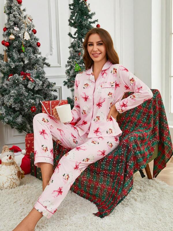 2 pièces/Set Pyjama femme avec imprimé nœud du Père Noël rose, style mignon et confortable pour le port en extérieur et en intérieur, convient pour toutes les saisons. Comprend un haut à manches longues avec col et boutons, et un pantalon à taille élastique décontracté, pour Noël